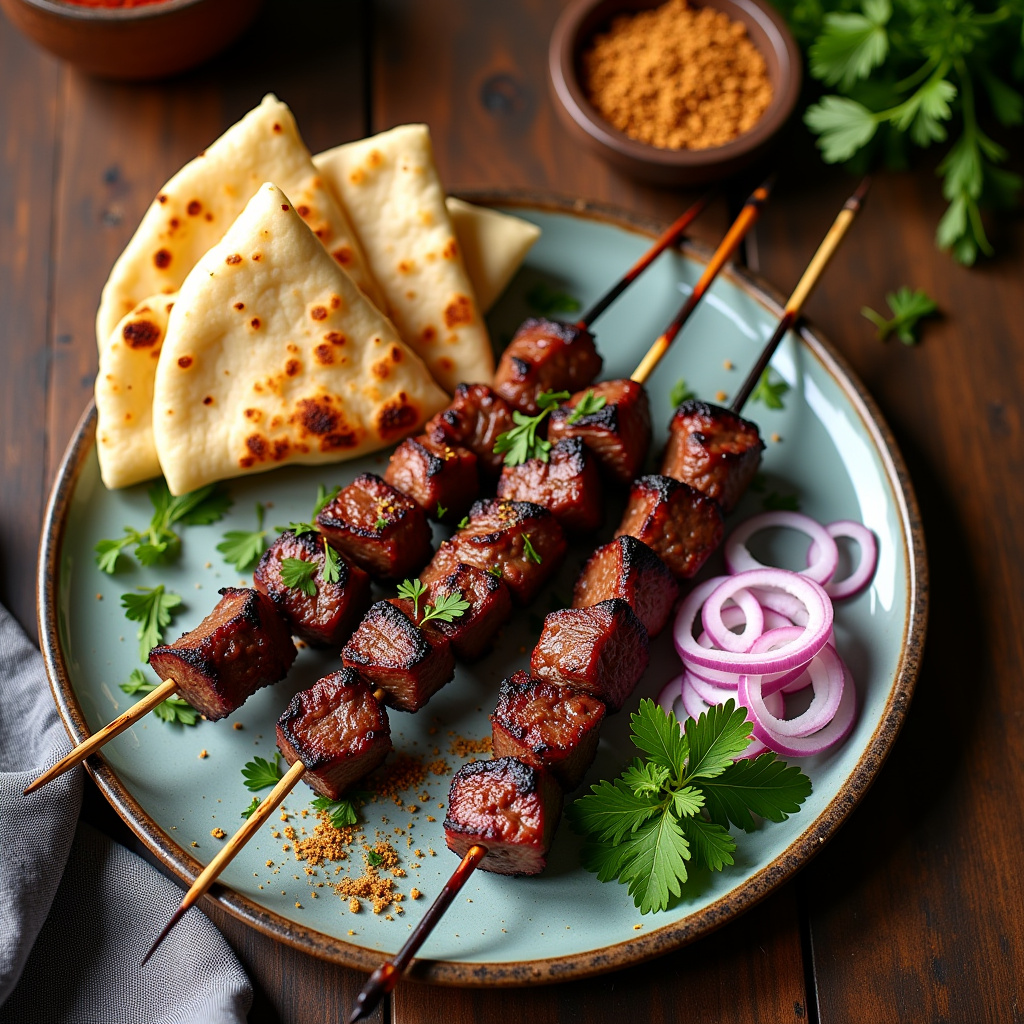 Ciğer şiş — soğan, sumak ve lavaş ile